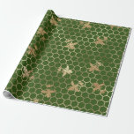 Gold Queen Bees and Honeycomb on Green Wrapping Paper