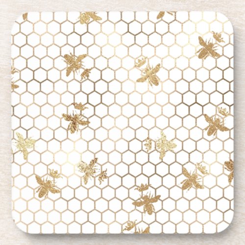 Gold Queen Bees and Honeycomb on White Beverage Coaster