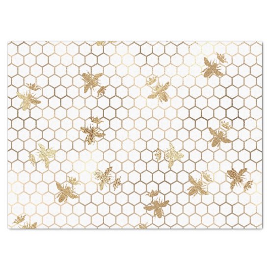 Gold Queen Bees and Honeycomb on White Decoupage Tissue Paper