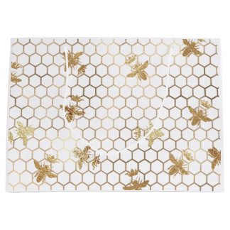 Gold Queen Bees and Honeycomb on White Large Gift Bag