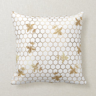 Gold Queen Bees and Honeycomb on White Throw Pillow