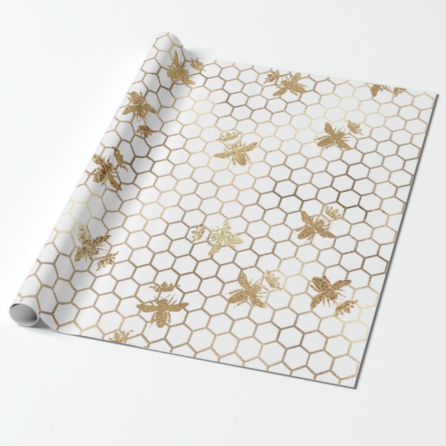 Gold Queen Bees and Honeycomb on White Wrapping Paper (Unrolled)