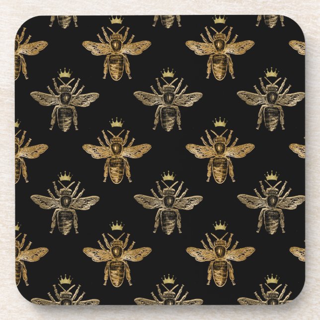 Gold Queen Bees on Black Beverage Coaster (Front)