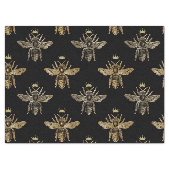 Gold Queen Bees on Black Decoupage Tissue Paper