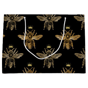 Gold Queen Bees on Black Large Gift Bag