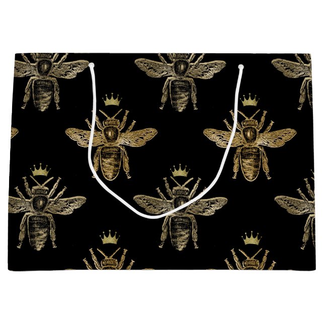 Gold Queen Bees on Black Large Gift Bag (Front)