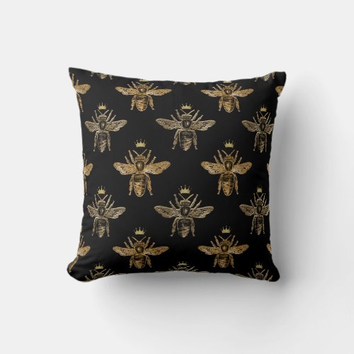 Gold Queen Bees on Black Throw Pillow