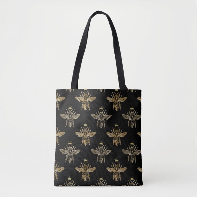 Gold Queen Bees on Black Tote Bag (Front)