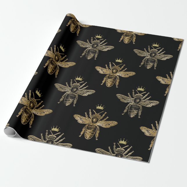 Gold Queen Bees on Black Wrapping Paper (Unrolled)