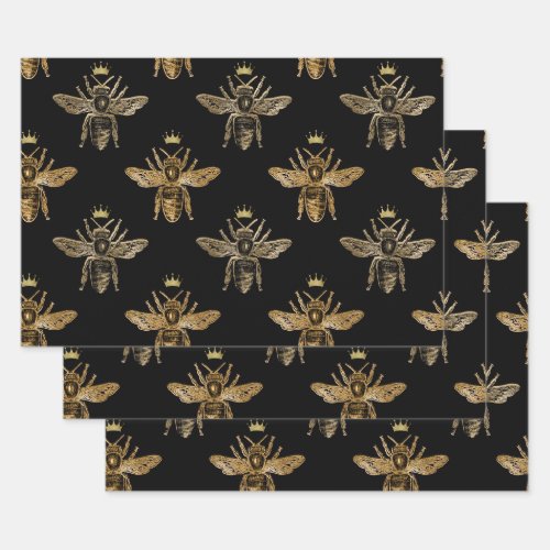 Gold Queen Bees on Black Wrapping Paper Sheets