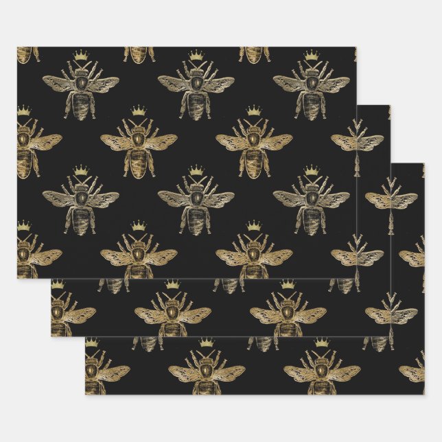 Gold Queen Bees on Black Wrapping Paper Sheets (Set)