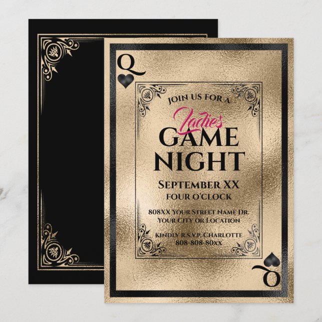 Gold Queen of Hearts Ladies Game Night Invitation (Front/Back)