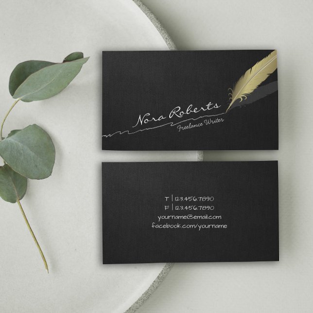 Gold Quill Feather Pen Hand drawn Line Black Linen Business Card (Creator Uploaded)