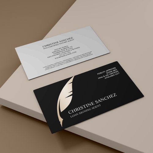 Gold Quill Pen BLACK PUBLIC NOTARY SINGNING AGENT Business Card
