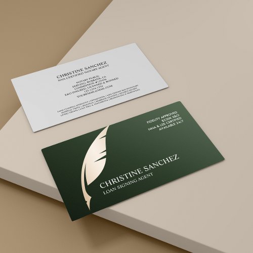 Gold Quill Pen GREEN PUBLIC NOTARY SINGNING AGENT  Business Card