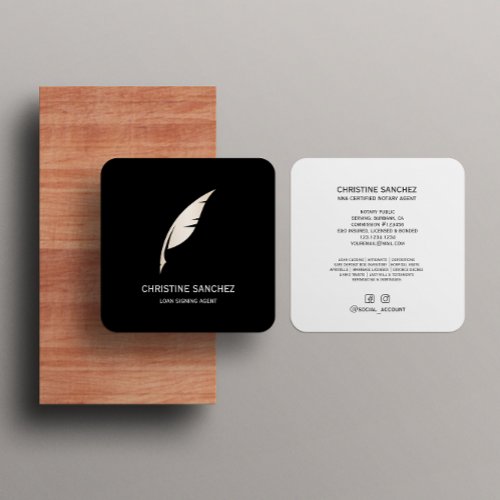 Gold Quill Pen MOBILE NOTARY SINGNING AGENT BLACK Square Business Card