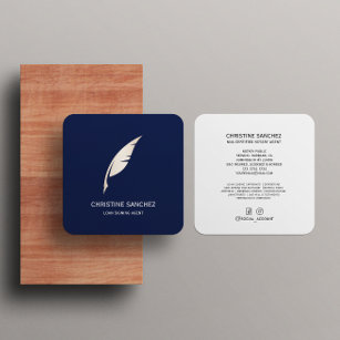 Gold Quill Pen MOBILE NOTARY SINGNING AGENT Blue Square Business Card