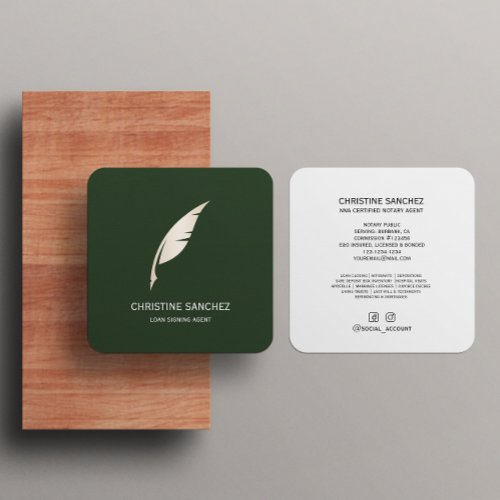 Gold Quill Pen MOBILE NOTARY SINGNING AGENT Green Square Business Card