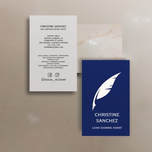Gold Quill Pen PUBLIC NOTARY SINGNING AGENT blue Business Card