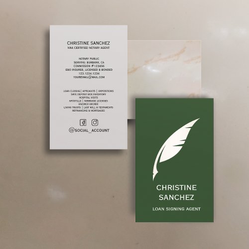 Gold Quill Pen PUBLIC NOTARY SINGNING AGENT Green Business Card