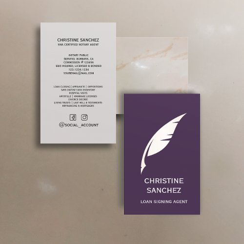 Gold Quill Pen PUBLIC NOTARY SINGNING AGENT Purple Business Card