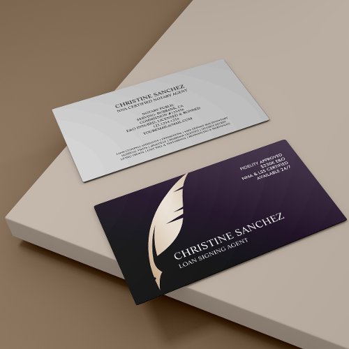 Gold Quill Pen Purple PUBLIC NOTARY SINGNING AGENT Business Card