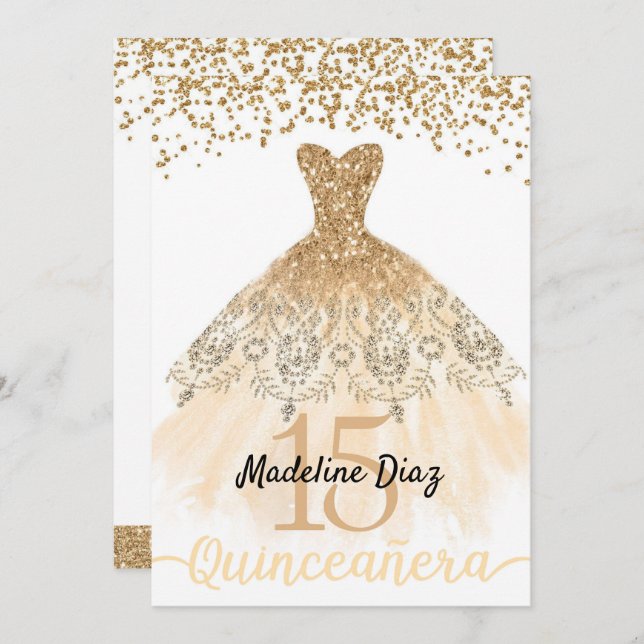 Gold Quinceanera Birthday Invitation Cumpleanos (Front/Back)