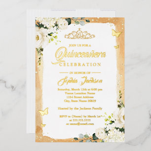 Gold Quinceanera Floral Sparkle Tiara Birthday  Foil Invitation