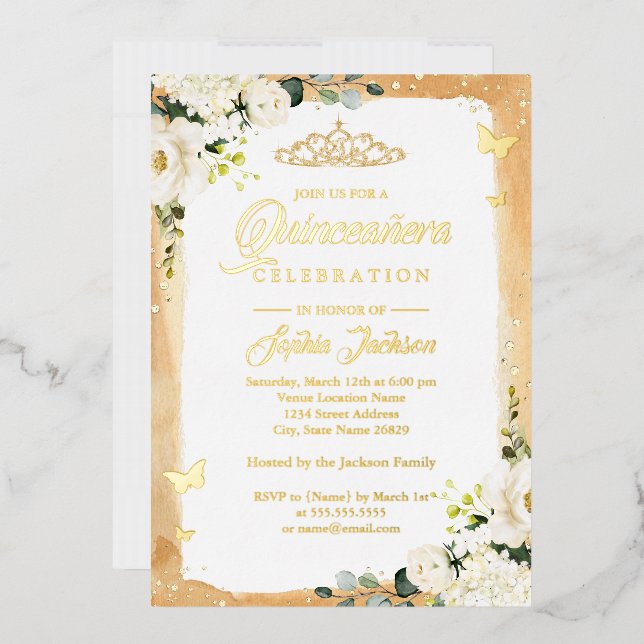 Gold Quinceanera Floral Sparkle Tiara Birthday  Foil Invitation (Envelope)