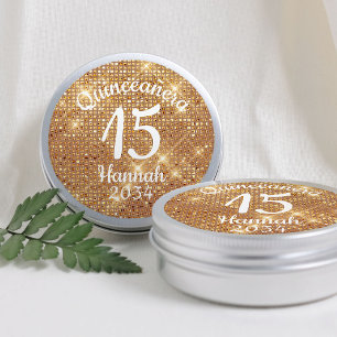 Gold Quinceañera Girl 15th Birthday Favor Tin Box Classic Round Sticker