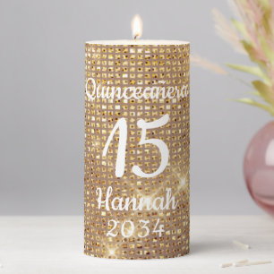 Gold Quinceañera Girl 15th Birthday Pillar Candle
