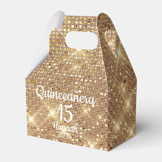 Gold Quinceañera Girl 15th Birthday Thank You Favor Boxes (Front Side)