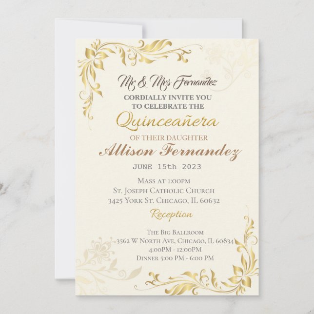 Gold Quinceañera invitation (Front)