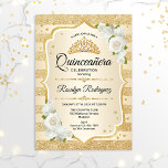 Gold Quinceanera Invitation<br><div class="desc">Gold white Quinceanera celebration invitation.
Features stripes,  script font,  white roses,  tiara and confetti. Classy design with faux glitter gold. Perfect for an elegant glam celebration.</div>