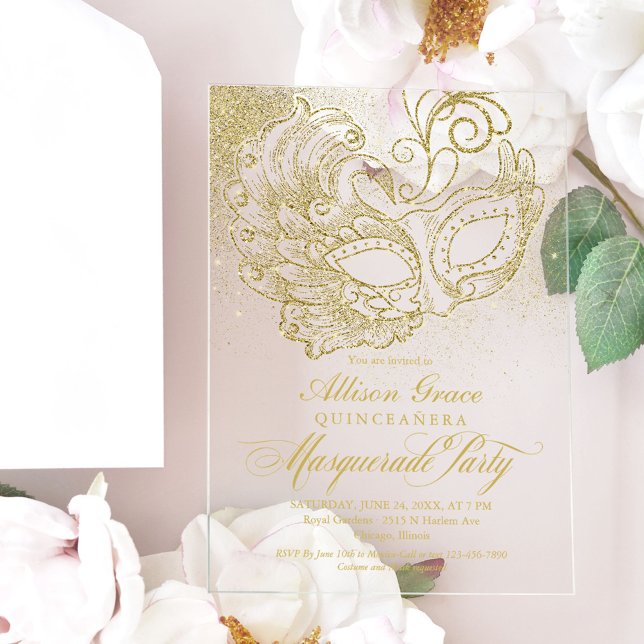 Gold Quinceanera Masquerade Party Acrylic Invitations (Creator Uploaded)
