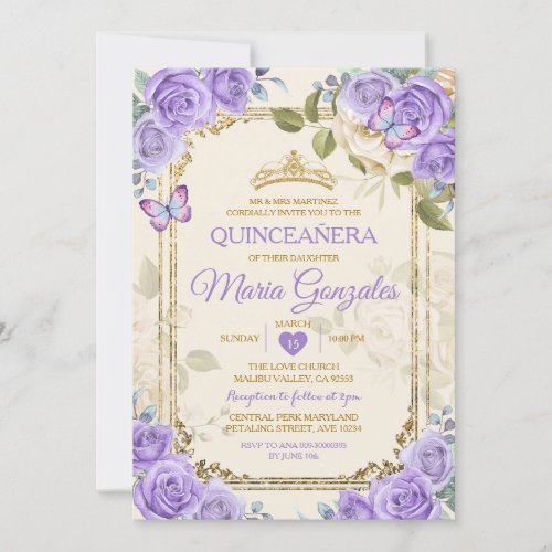 Gold Quinceaera Purple Crown Mexican Butterfly Invitation