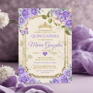 Gold Quinceañera Purple Crown Mexican Butterfly Invitation