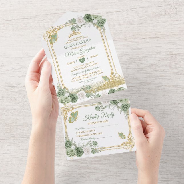 Gold Quinceañera Sage Green Crown All In One Invitation (Tearaway)