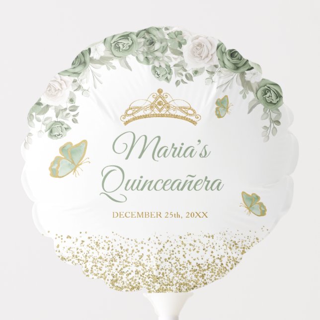 Gold Quinceañera Sage Green Crown Butterfly Balloon (Front)