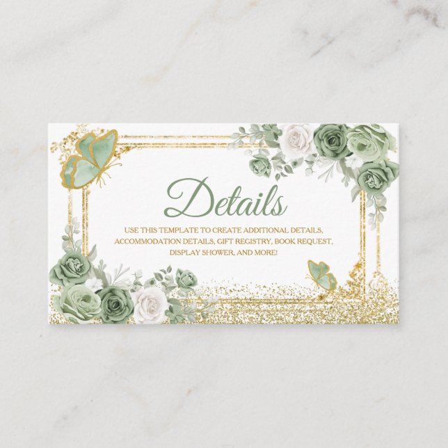 Gold Quinceañera Sage Green Crown Butterfly Detail Enclosure Card (Front)