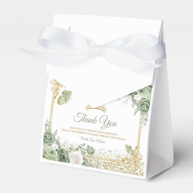 Gold Quinceañera Sage Green Crown Butterfly Favor Boxes (Front Side)