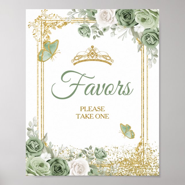 Gold Quinceañera Sage Green Crown Butterfly Favors Poster (Front)