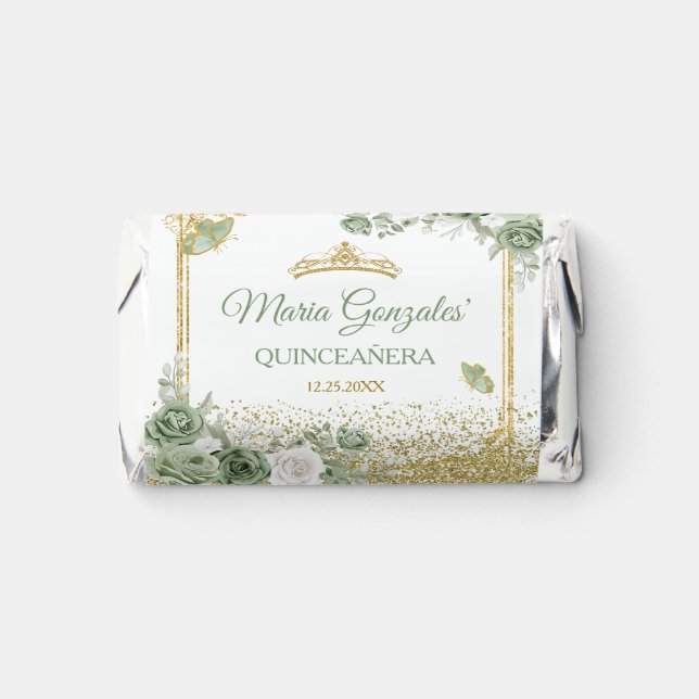 Gold Quinceañera Sage Green Crown Butterfly Hershey's Miniatures (Front)