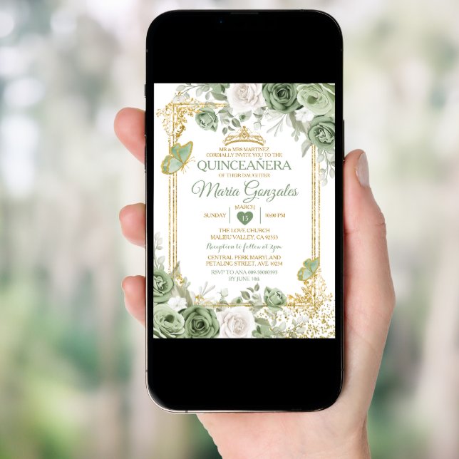 Gold Quinceañera Sage Green Crown Butterfly Invitation (Front Digital)