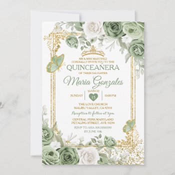 Gold Quinceañera Sage Green Crown Butterfly Invitation by HappyPartyStudio at Zazzle