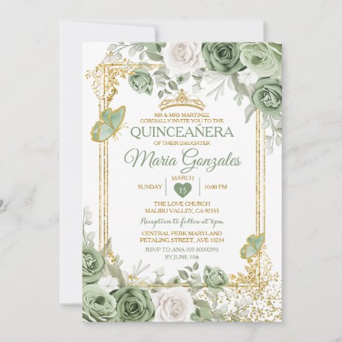 Gold Quinceaera Sage Green Crown Butterfly Invitation
