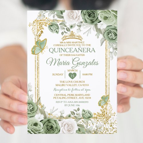 Gold Quinceaera Sage Green Crown Butterfly Invitation