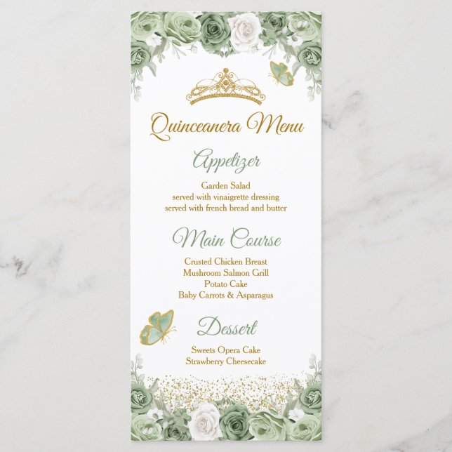 Gold Quinceañera Sage Green Crown Butterfly Menu (Front)
