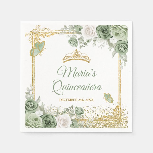 Gold Quinceañera Sage Green Crown Butterfly Paper Napkins (Front)