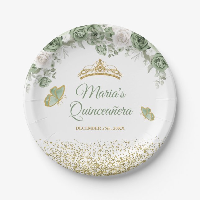 Gold Quinceañera Sage Green Crown Butterfly Paper Plates (Front)